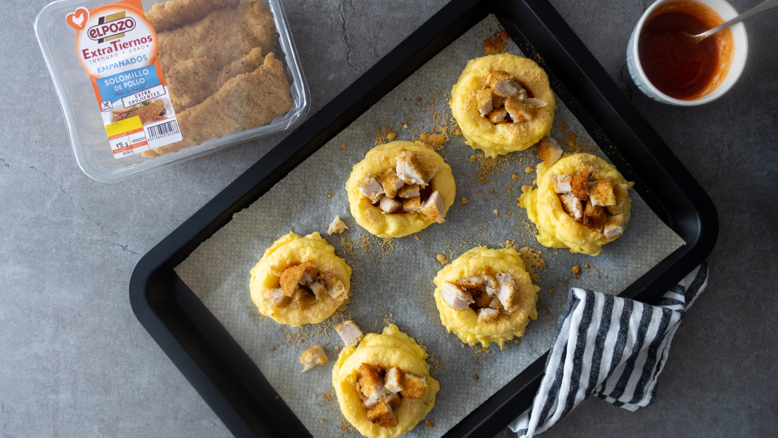 ELPOZO - Nidos de patata rellenos de solomillo de pollo empanado y salsa de tomate