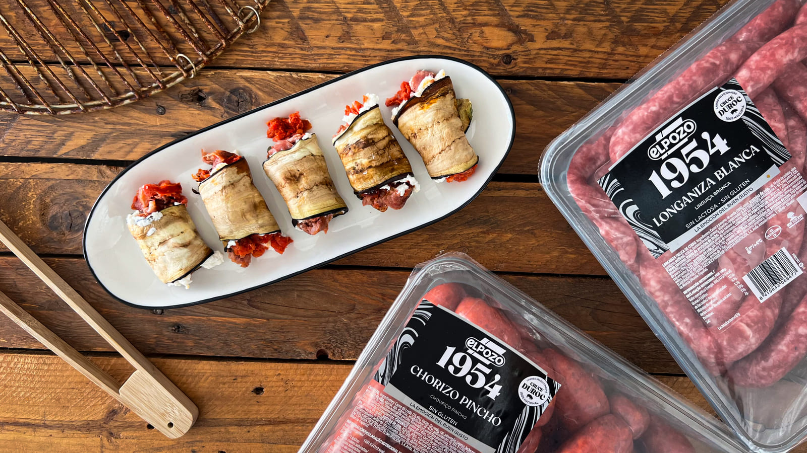 Receta de roll de berenjena a la barbacoa relleno de longaniza blanca, chorizo pincho y ricotta