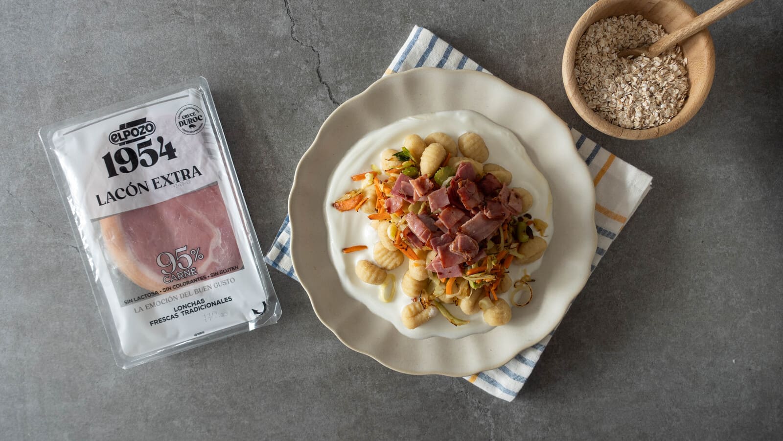 Gnocchi con verduras, lacón crujiente y salsa de yogur - ElPozo Cocina