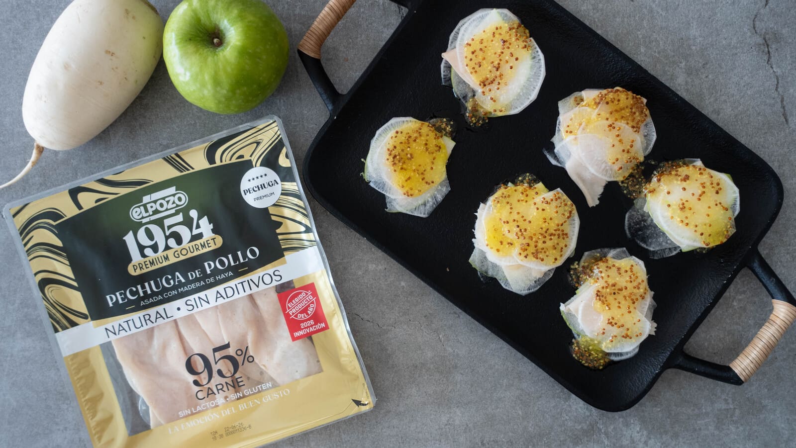 Raviolis transparentes de daikon con pavo asado 1954, manzana y mostaza antigua - ElPozo Cocina