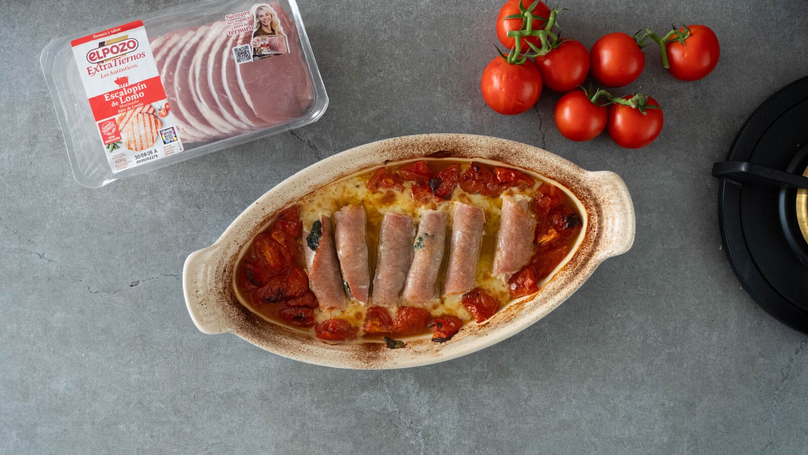 Rollitos de escalopín de lomo con espinacas, provolone y tomate asado - ElPozo Cocina
